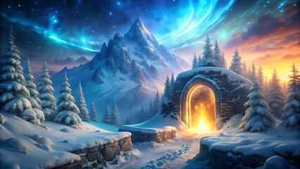 Wall Mural - Fantasy glowing enchanted portal above snowy cliff magical scene