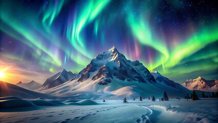 Wall Mural - Fantasy glowing northern lights above enchanted snowy mountains