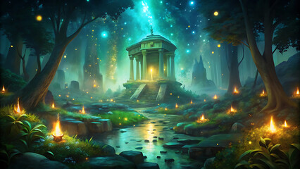 Wall Mural - Fantasy glowing temple surrounded by fireflies in forest