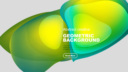 Wall Mural - Abstract fluid shapes, vibrant colors, geometric design. Modern background with text, button included. Simple, clean aesthetic.
