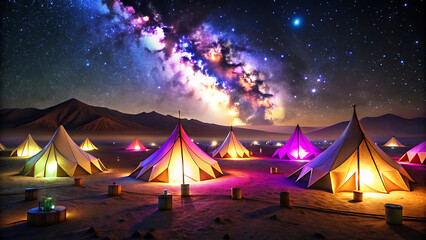 Wall Mural - Festival glowing starlight tents in desert surreal festival
