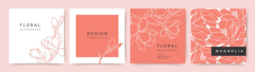 Wall Mural - pink background with line art pattern magnolia flowers. elegant floral frame. vector templates for w