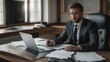 © Adib - Professional businessman intently working on documents at his modern office desk, illuminated by natural light from large windows