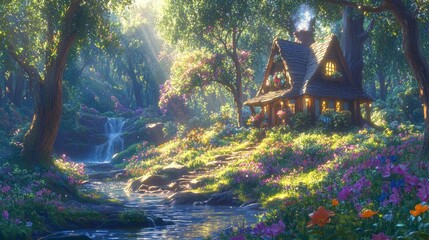 Wall Mural - The house is a cottage with a chimney and a window