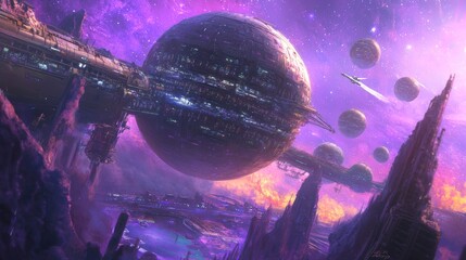 Wall Mural - space scene with a large planet and many small planets. scene is one of wonder and exploration