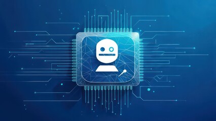Futuristic AI avatar icon on a digital circuit board, symbolizing artificial intelligence and innovation powering modern technology and digital transformation