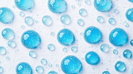 Wall Mural - Translucent Blue Raindrops Cascading on a Clear White Surface, Creating Shimmering Liquid Patterns