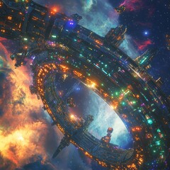 Wall Mural - colorful space station with a glowing ring around it. the ring is surrounded by a city of buildings 