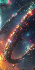 Wall Mural - colorful space scene with a large, spiral-shaped building in the center