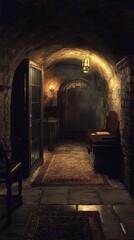 Wall Mural - Dark, narrow hallway with a door leading to a room. The room is dimly lit and has a bench and a chair