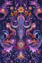 Wall Mural - Colorful painting of a flower with a sun in the center. The painting is full of bright colors and has a dreamy, mystical feel to it
