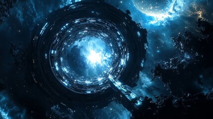 Wall Mural - Blue and white space with a large, glowing object in the center. The image has a futuristic and otherworldly feel to it