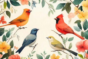 Wall Mural - Four birds are perched on a branch, with one of them being a cardinal