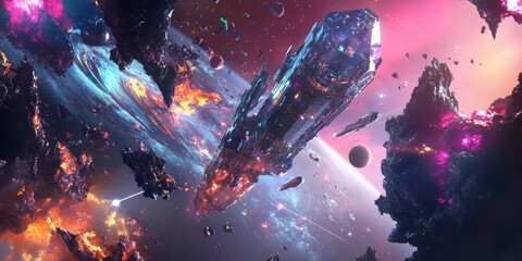 Wall Mural - space scene with a large ship and many small rocks. the ship is surrounded by a lot of debris, and t