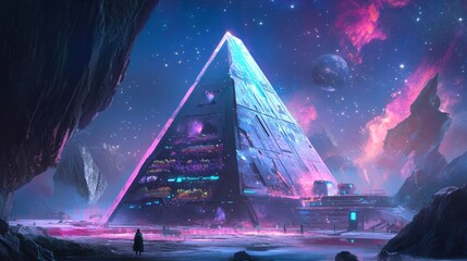 Wall Mural - large pyramid is surrounded by a city and a mountain range. the sky is filled with stars and the col