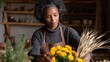 © Галя Дорожинська - A middle-aged Black woman arranges yellow flowers for Thanksgiving decor Generative AI