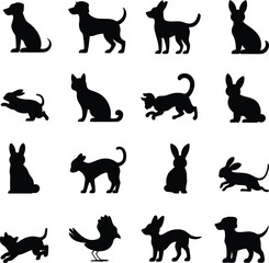 Naklejka na meble Vector art of a diverse array of animal silhouettes, including dogs, rabbits, cats, and a bird, presented in various postures and actions, ideal for creating logos or decorative elements