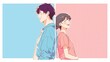 © UTIA - 背中合わせで微笑む二人、和やかな日常シーンのイラスト