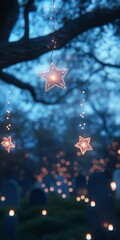 Wall Mural - Tree with three stars hanging from it. The stars are lit up and the scene is set in a forest