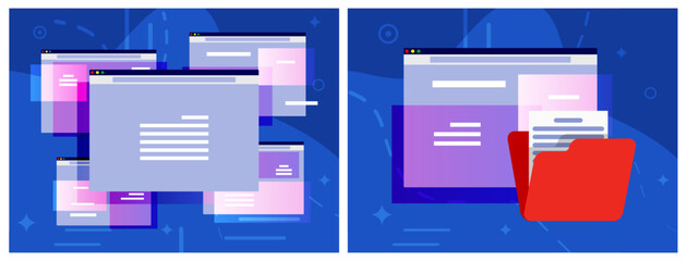 Abstract browser window interface with document icon and file folder. Flat style overlay web page concept illustration.