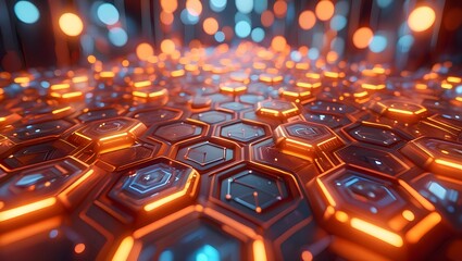Abstract futuristic technology background with glowing hexagons and bokeh lights design