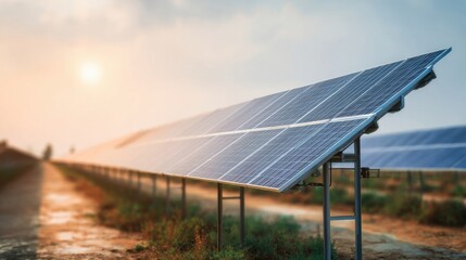 Rows of solar panels harness sunlight in a renewable energy farm,