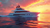 Modern yacht sailing on ocean at sunset. Sky blends vibrant orange, pink, purple colors. Luxury boat, summer vacation at sea, sunset cruise concept, expensive lifestyle. Wonderful nature scene.