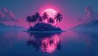 © miss irine - Tropical island paradise with palm trees. Calm water reflects pink sunset sky. Vacation, travel destination, serene coastal seascape. Exotic nature background with coastline scenery, mountains at