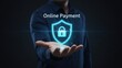 © Imaginebuddy - Man hand showing glowing shield padlock and online payment text, dark background, secure payment
