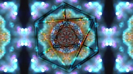 Wall Mural - A dynamic fractal mandala anchored by an icosahedral, hexagonal sacred geometry glyph. This seamless 4K60 loop bursts with bokeh, light, and energy—perfect for VJ sets, meditation, and projection.