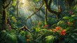 © Rahmi - Vibrant jungle scene with monkeys interacting among lush greenery and colorful flowers under sunlight