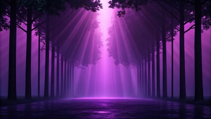 Wall Mural - Mystical purple light beams illuminate a dark forest path creating an ethereal and magical atmosphere