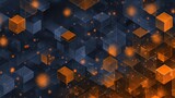A vibrant graphic design featuring a complex array of interconnected cubes in deep navy blue and glowing orange, creating a dynamic and futuristic visual effect.
