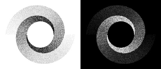Wall Mural - Abstract art background with dotted circle. Stipple effect with chaotic noise in spiral. Black shape on a white background and the same white shape on the black side. Yin and yang style.