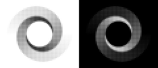 Wall Mural - Abstract art background with dotted circle. Halftone effect with dots in spiral. Black shape on a white background and the same white shape on the black side. Yin and yang style.