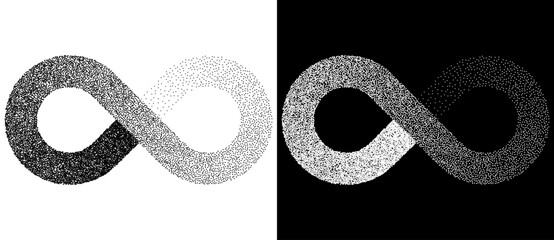 Wall Mural - Spiral as dotted abstract infinity symbol. Stipple, pointillism effect. Black shape on a white background and the same white shape on the black side.
