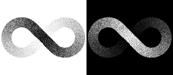 Wall Mural - Spiral as dotted abstract infinity symbol. Stipple, pointillism effect. Black shape on a white background and the same white shape on the black side.