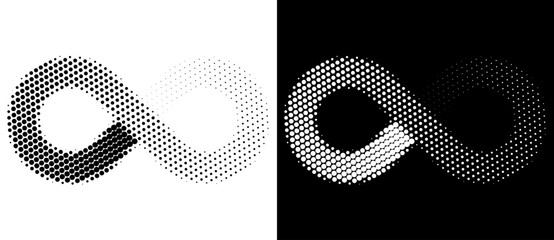 Wall Mural - Spiral as halftone dotted abstract infinity symbol. Black shape on a white background and the same white shape on the black side.