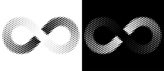 Wall Mural - Spiral as halftone dotted abstract infinity symbol. Black shape on a white background and the same white shape on the black side.
