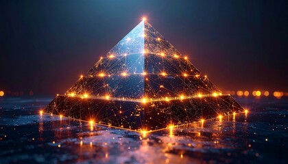 A digitally rendered pyramid glows with interconnected lights, representing data and a network on a dark background