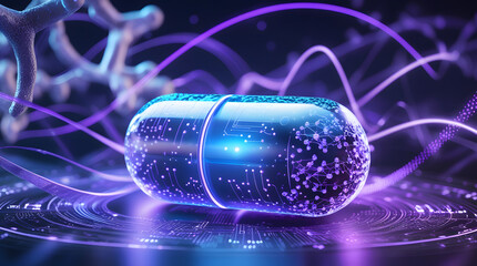 Wall Mural - High-tech healthcare illustration featuring holographic pill with glowing biotechnology data analysis