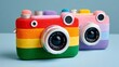 © Nataliia_Trushchenko - Colorful retro cameras with vibrant rainbow stripes, featuring playful designs and unique textures, positioned against a soft blue background, showcasing creativity and artistic expression in photogra