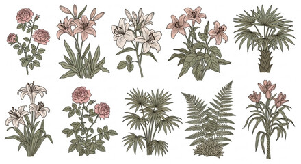 Botanical illustration of roses lilies ferns and palm trees vector art for graphic design and decoration use