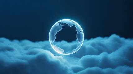 transparent globe floating above clouds against a dark blue sky