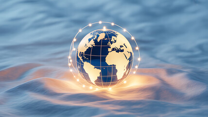 Wall Mural - Globe encircled by glowing ring floating on water surface