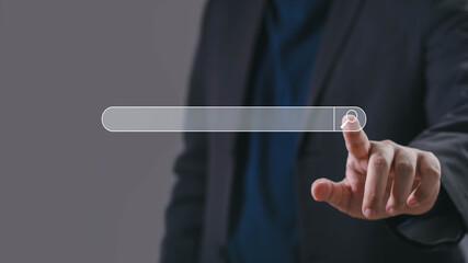 Wall Mural - Businessman touching virtual search bar with finger, symbolizing internet browsing, online research, SEO marketing, digital technology, data search, and web navigation for business success.