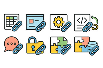 Web development flat icon set. coding, puzzle, and security icons in flat style