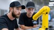 © pkproject - Two factory workers in uniform closely examining a robotic arm and other equipment in an industrial workshop, demonstrating their expertise and focus on the manufacturing process
