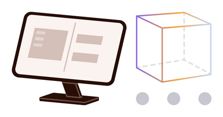 Desktop monitor displaying navigation menus alongside a geometric 3D cube with gradient edges and three dots below. Ideal for technology, innovation, design, interface, 3D modeling, creativity