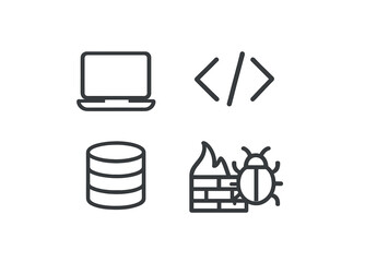 Technology icons: laptop, coding, database, firewall with bug